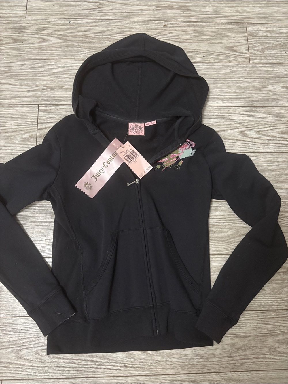 Juicy Couture Black Hoodie with Pink & Mint Floral Detail